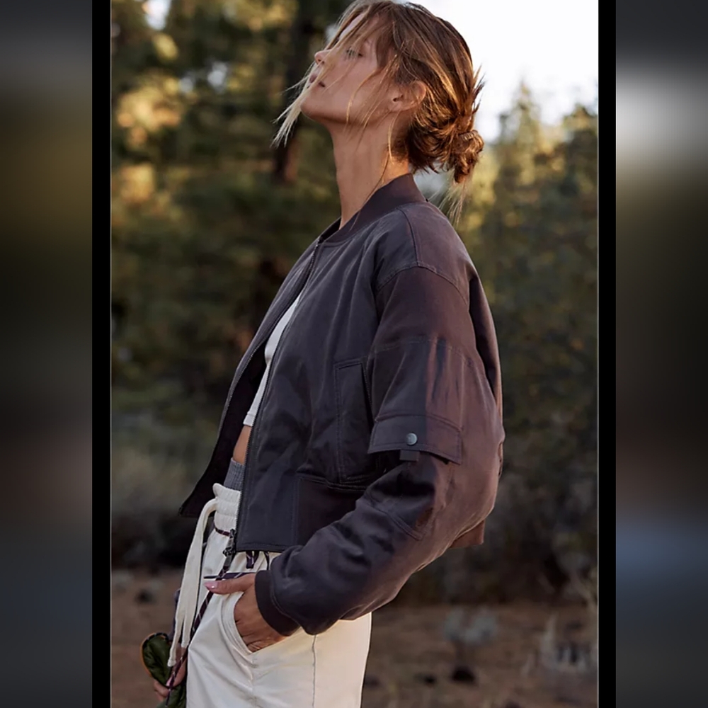 Free People Fast Track Cropped Bomber Jacket, grey  Brown XL Nwot $188